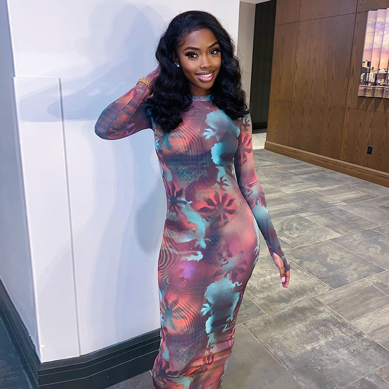 Gauze Printed Casual Long Dress