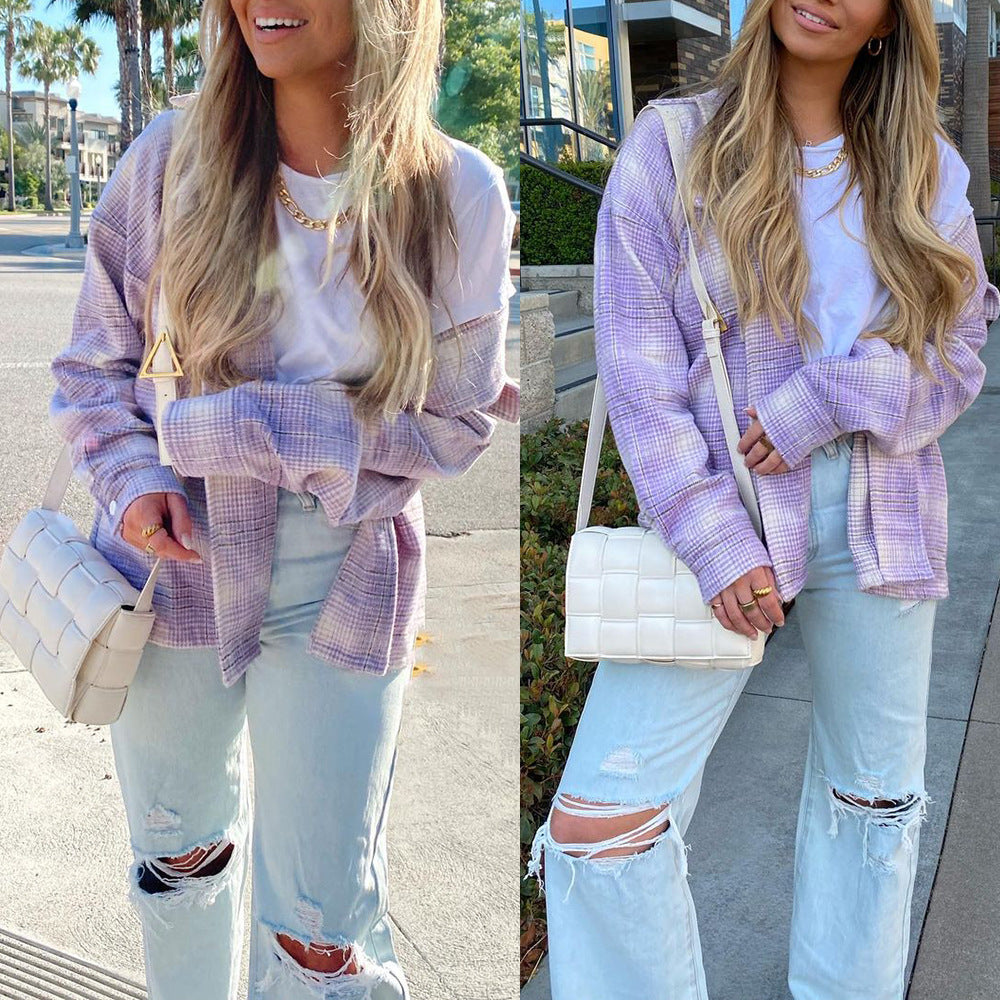 Check Printed Long Sleeve Cardigan Single-breasted Casual Jacket