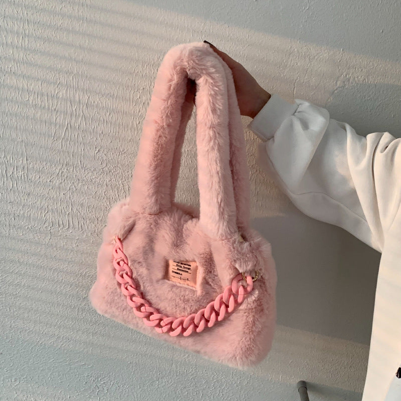 Girls Sweet Solid Color Underarm Trend Mao Shoulder Bag