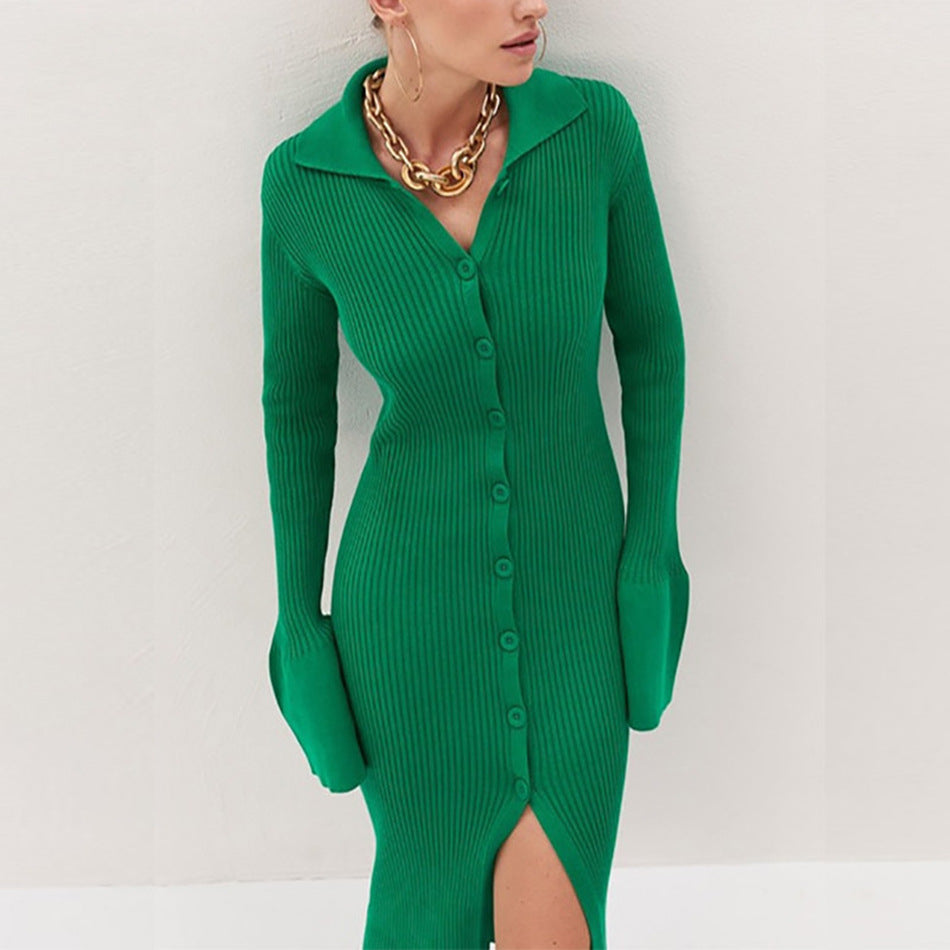 V-neck Long Button Flared Sleeve Sweater Dress