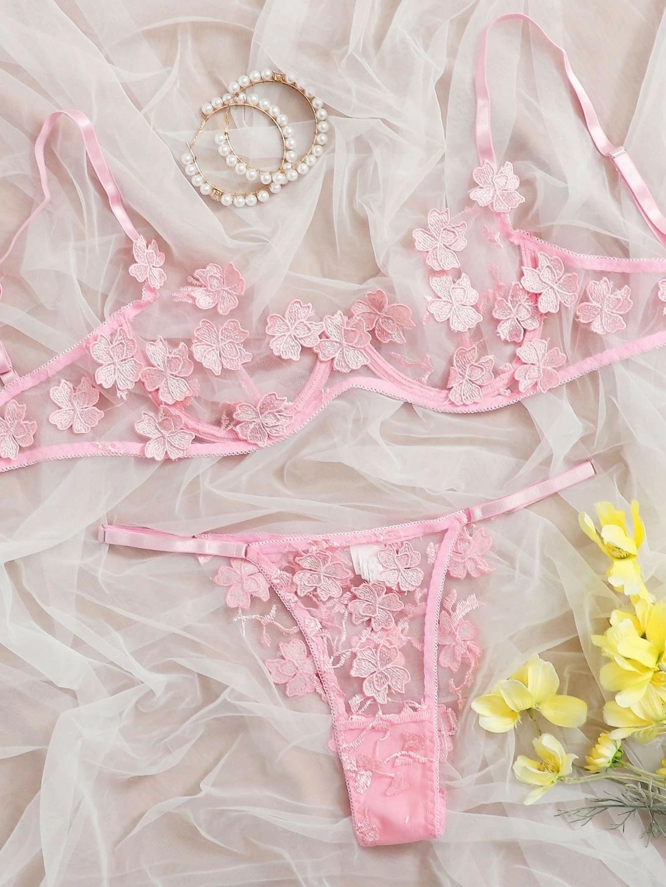 European And American Underwear Set Sexy Sweet Mesh Embroidered Flower Applique