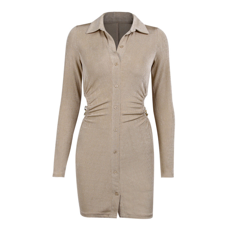 Sexy Hollow Folded Dress With Textured Shirt Collar
