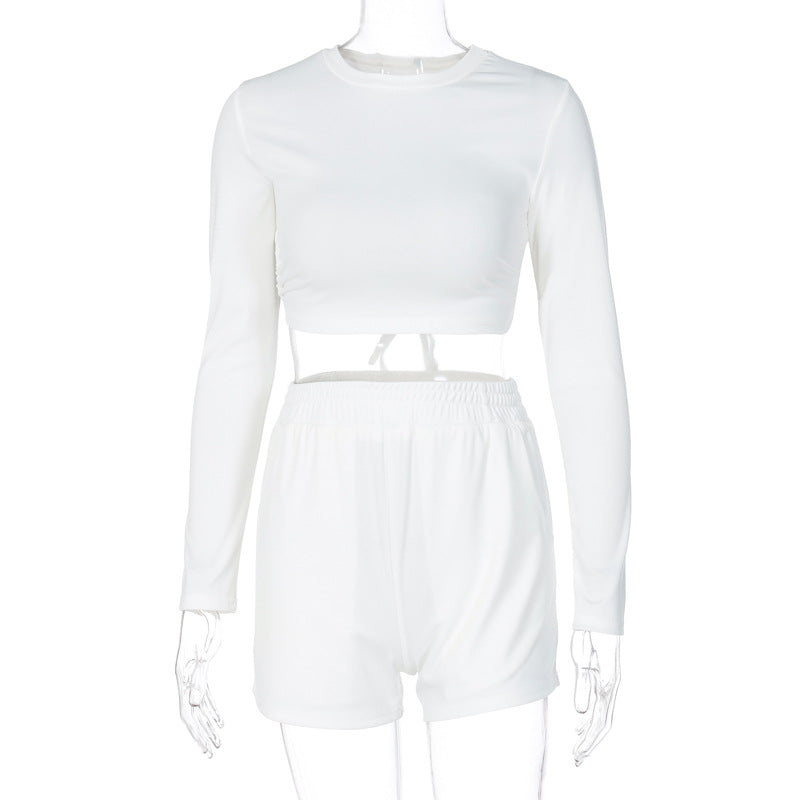 Two-piece halter long-sleeved top and shorts