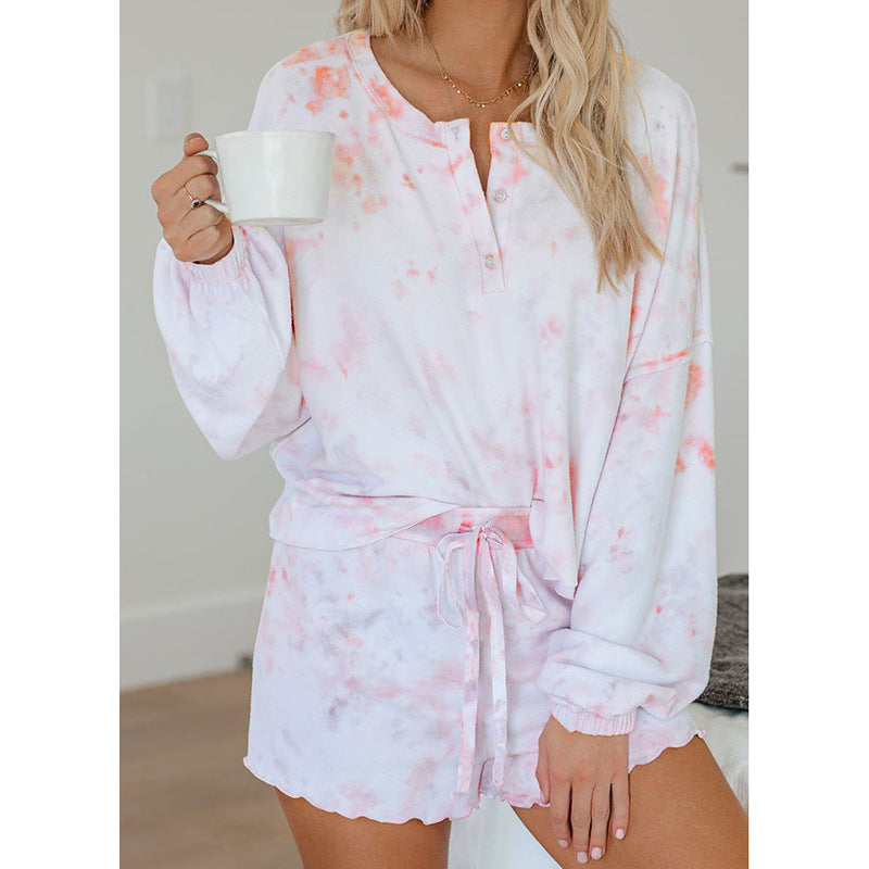 Tie-Dye Printed Casual Long-Sleeved Shorts Suit