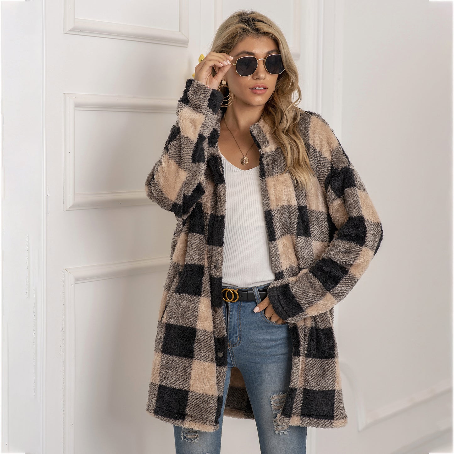 Contrast plaid long coat