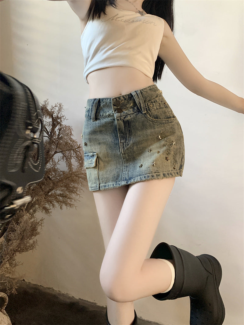 Hot Girl Heavy Industry Sheath A- Line Skirt Washed-out Vintage Denim Skirt