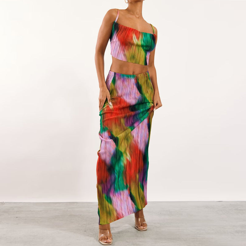 Women's Printed Pleated Two-piece Suspender Dress Suit