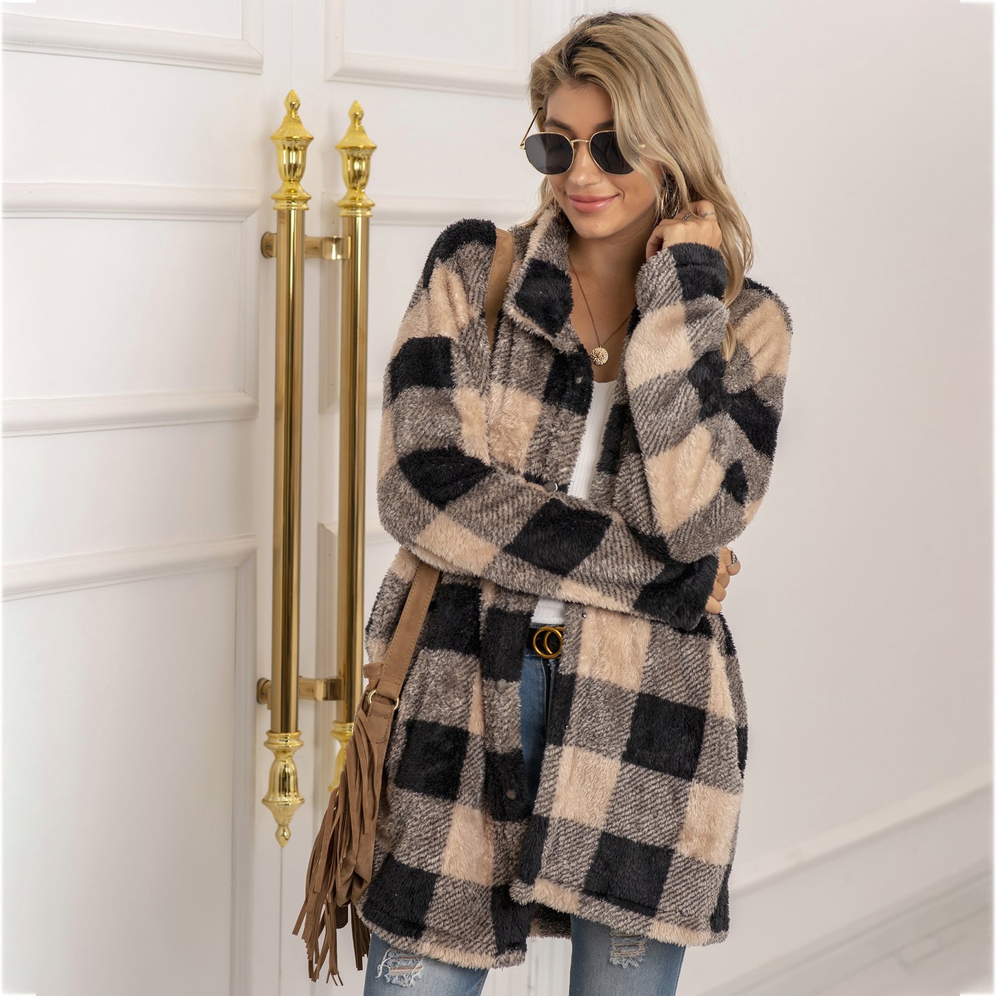 Contrast plaid long coat