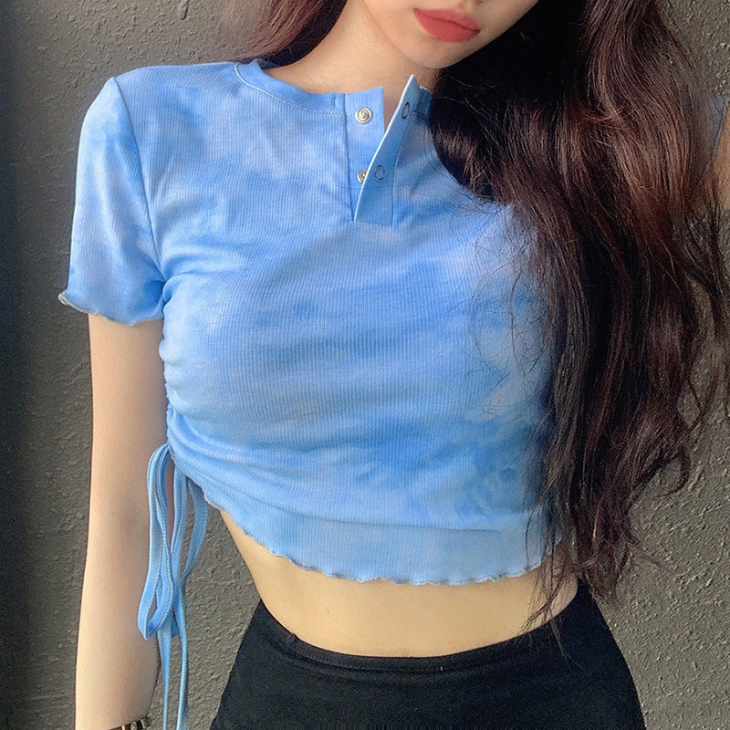 Tie-dye round neck fungus pleated T-shirt