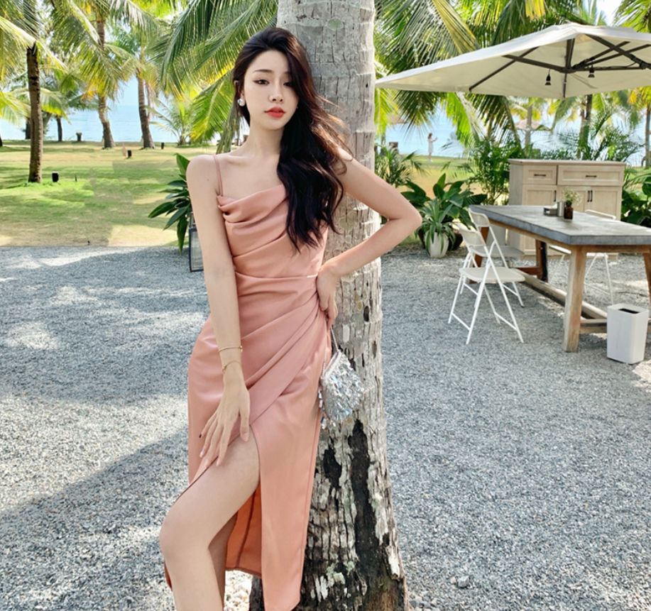 Tea Break Pleated Slit Suspender Long Skirt