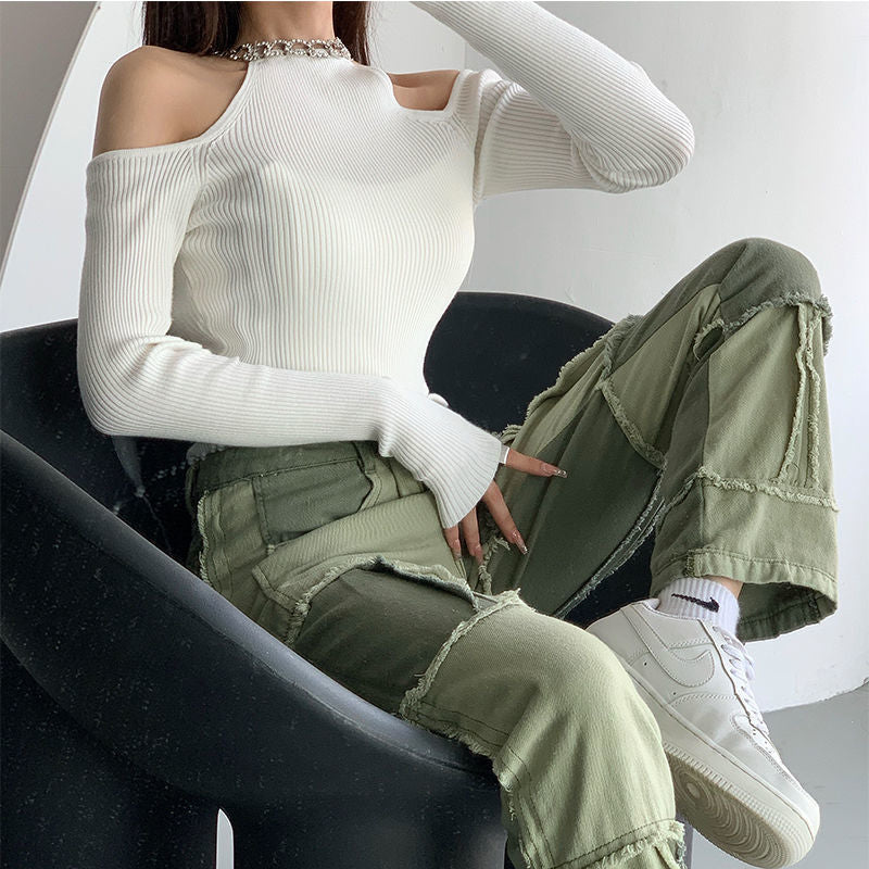 Stitching Contrast Color High Waist Straight Jeans Trendy Women