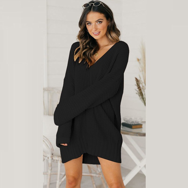Women's Loose V-neck Mid-length Dress Sweater