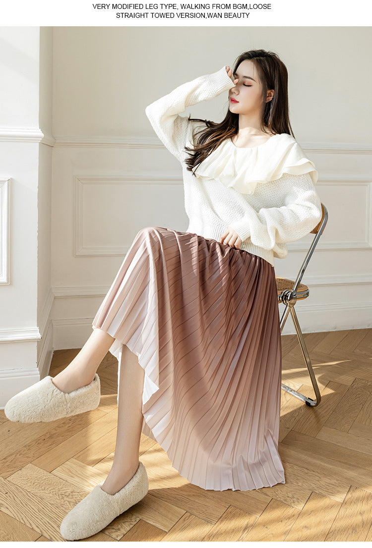 Niche Gradient Color Pleated High-grade Drape Mid-length Skirt