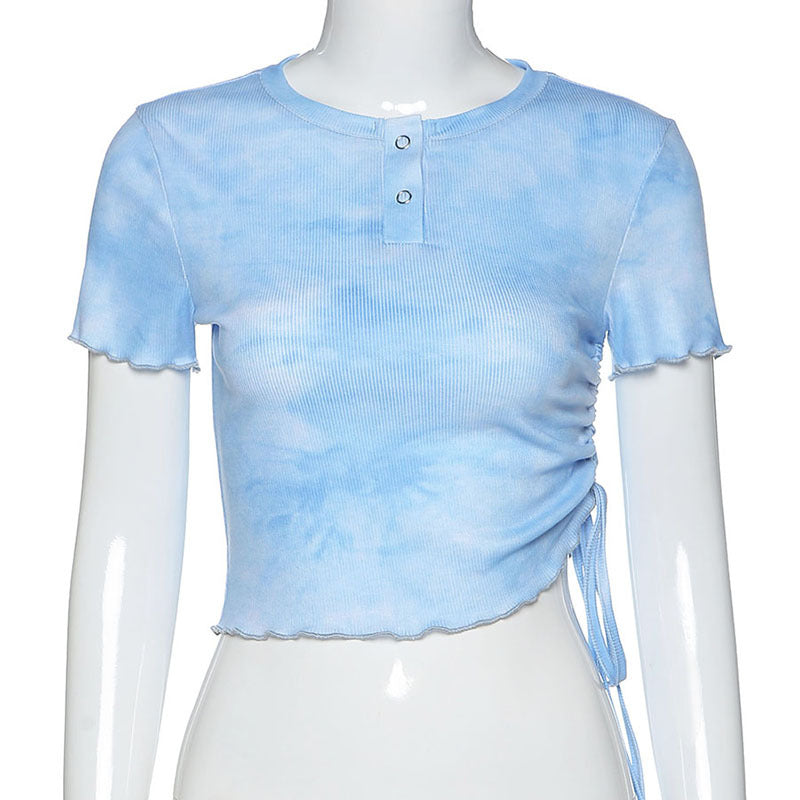 Tie-dye round neck fungus pleated T-shirt