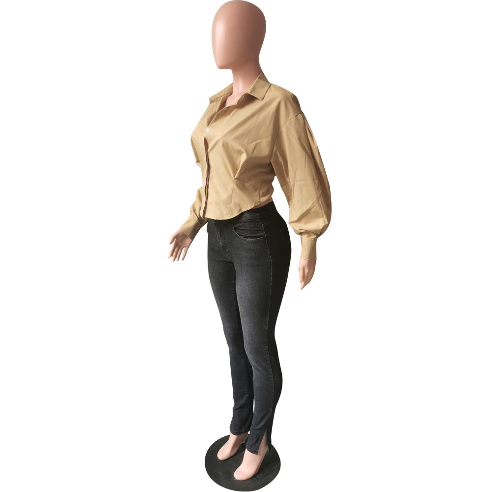 Fashion slim temperament solid color lantern sleeve shirt