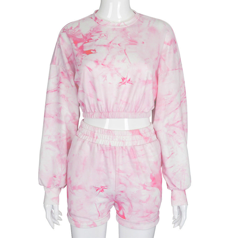 Round Neck Long Sleeve Crop Top Waist Rope Shorts Fashion Tie Dye Printed Casual Set Autumn Clothes