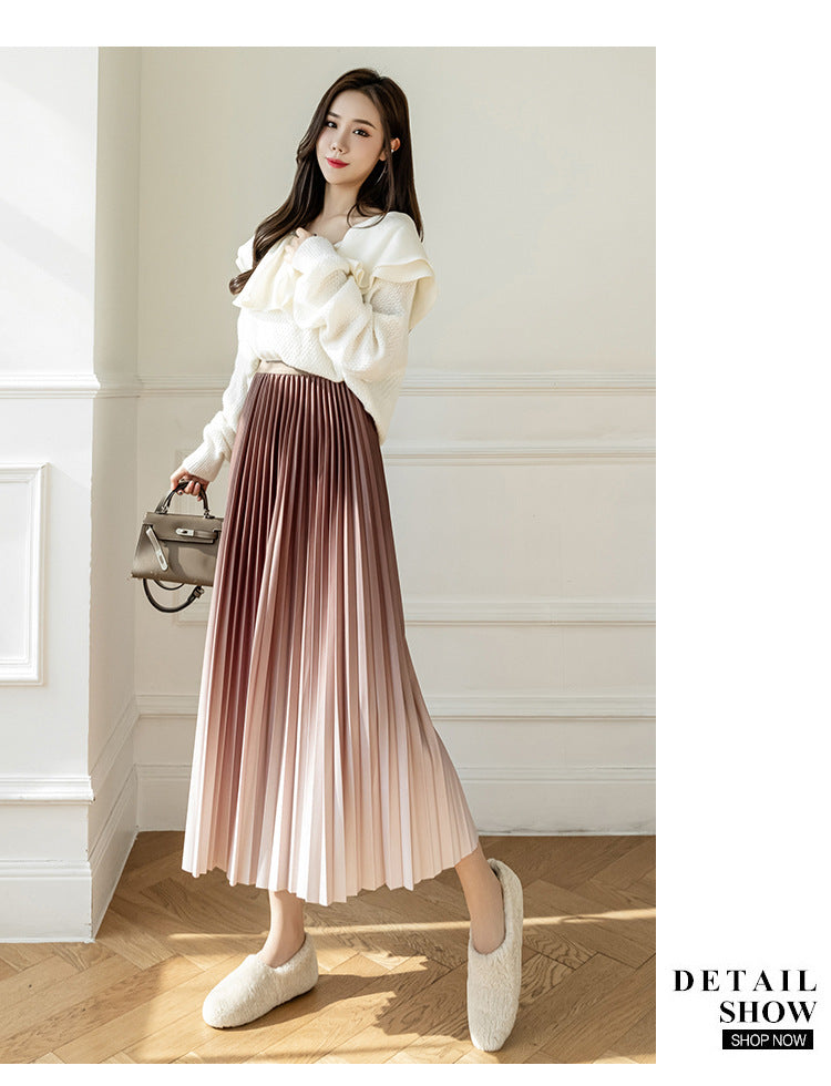Niche Gradient Color Pleated High-grade Drape Mid-length Skirt