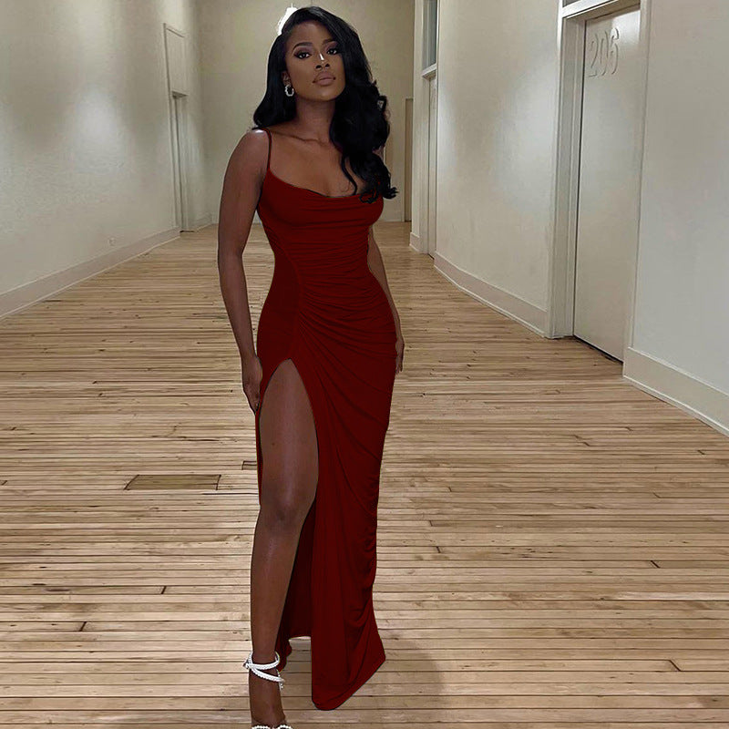 Sexy Pleated Split Sling Slim Dress