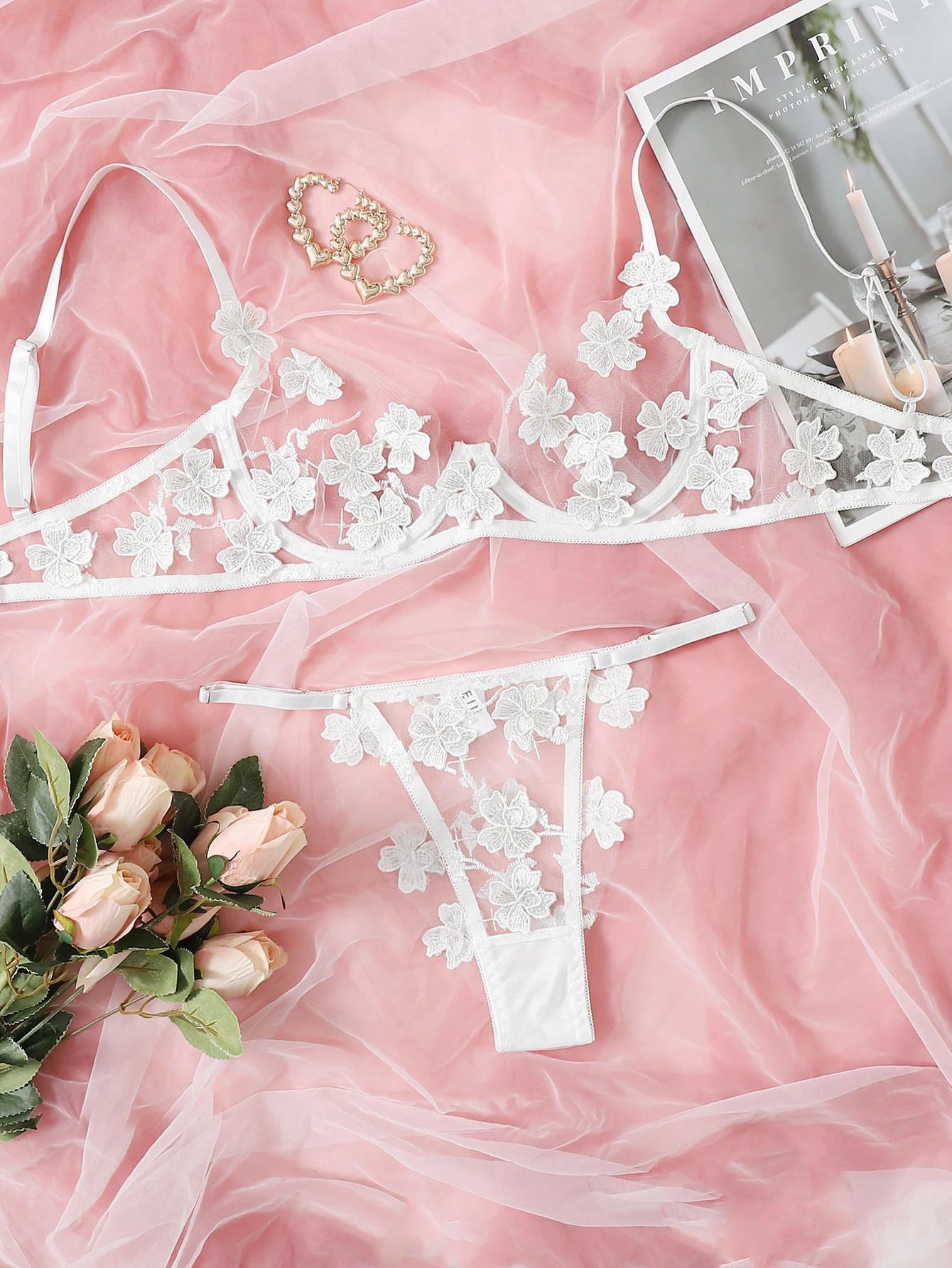 European And American Underwear Set Sexy Sweet Mesh Embroidered Flower Applique