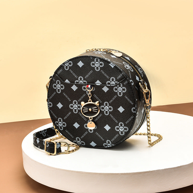Autumn And Winter New Cat Pendant Diagonal Chain Small Round Bag