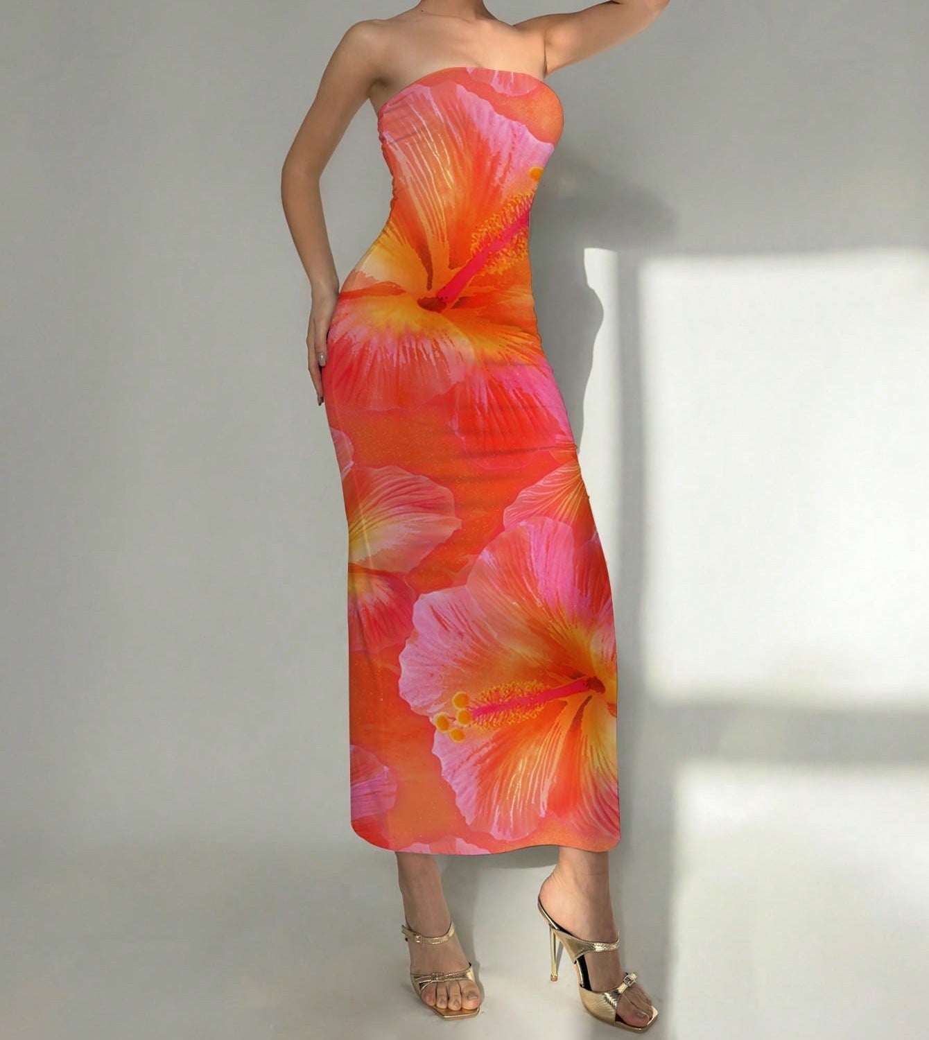 New Women's Slim-fit Contrast Colors Floral Print Dress