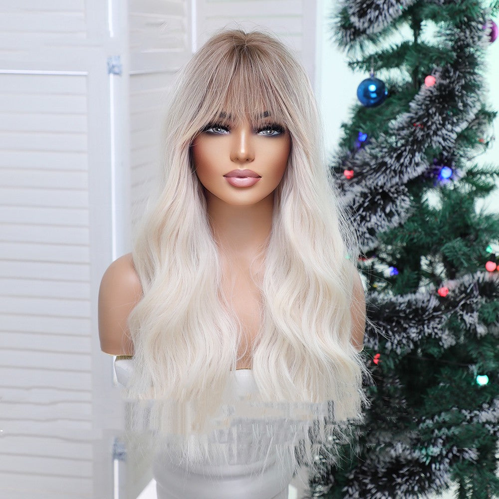 Qi Bangs Gradual Blonde Brown Long Curly Wig Female