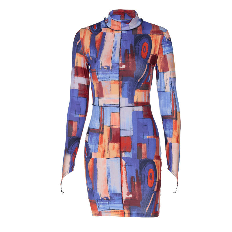 Fashionable Oil Painting Printed Turtleneck Sheath Dress