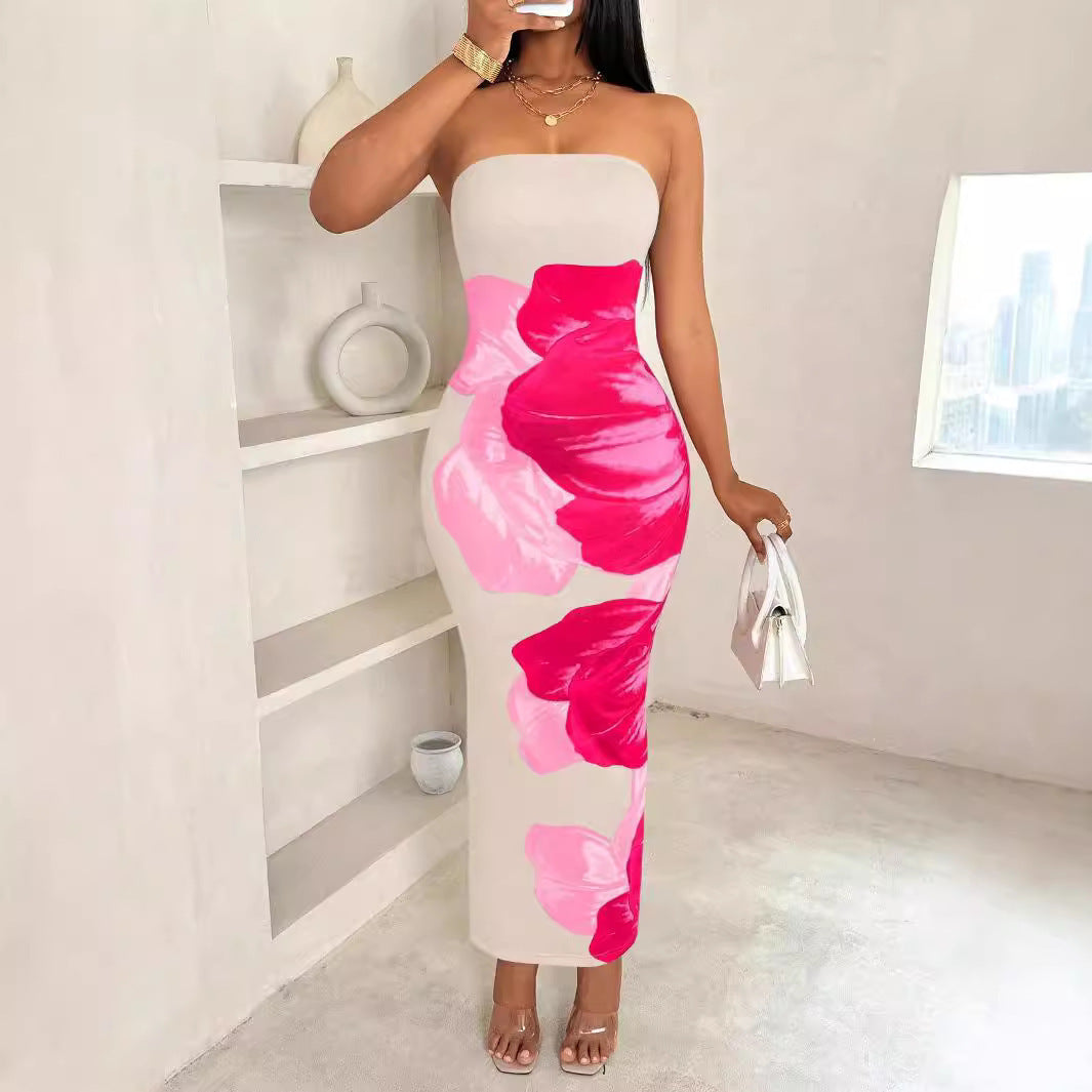 New Women's Slim-fit Contrast Colors Floral Print Dress