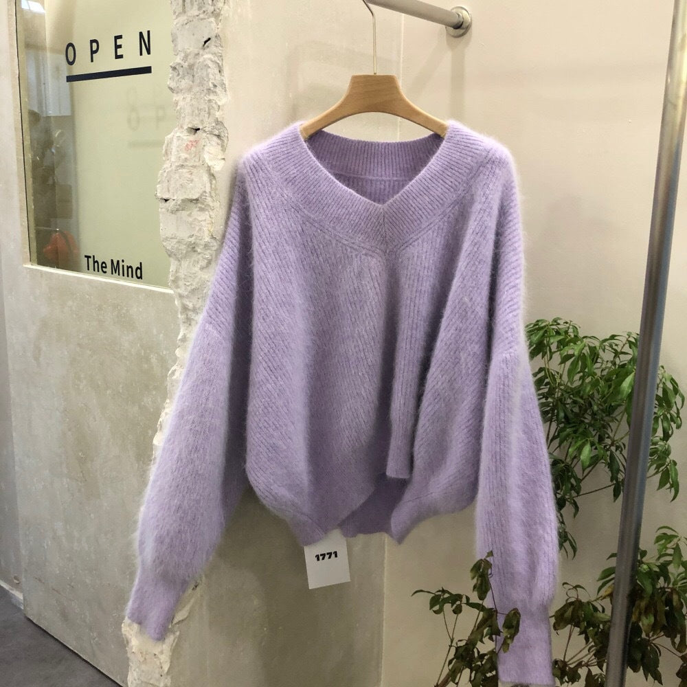 Western Style Lantern Sleeve Mink Wool Knit Sweater Women
