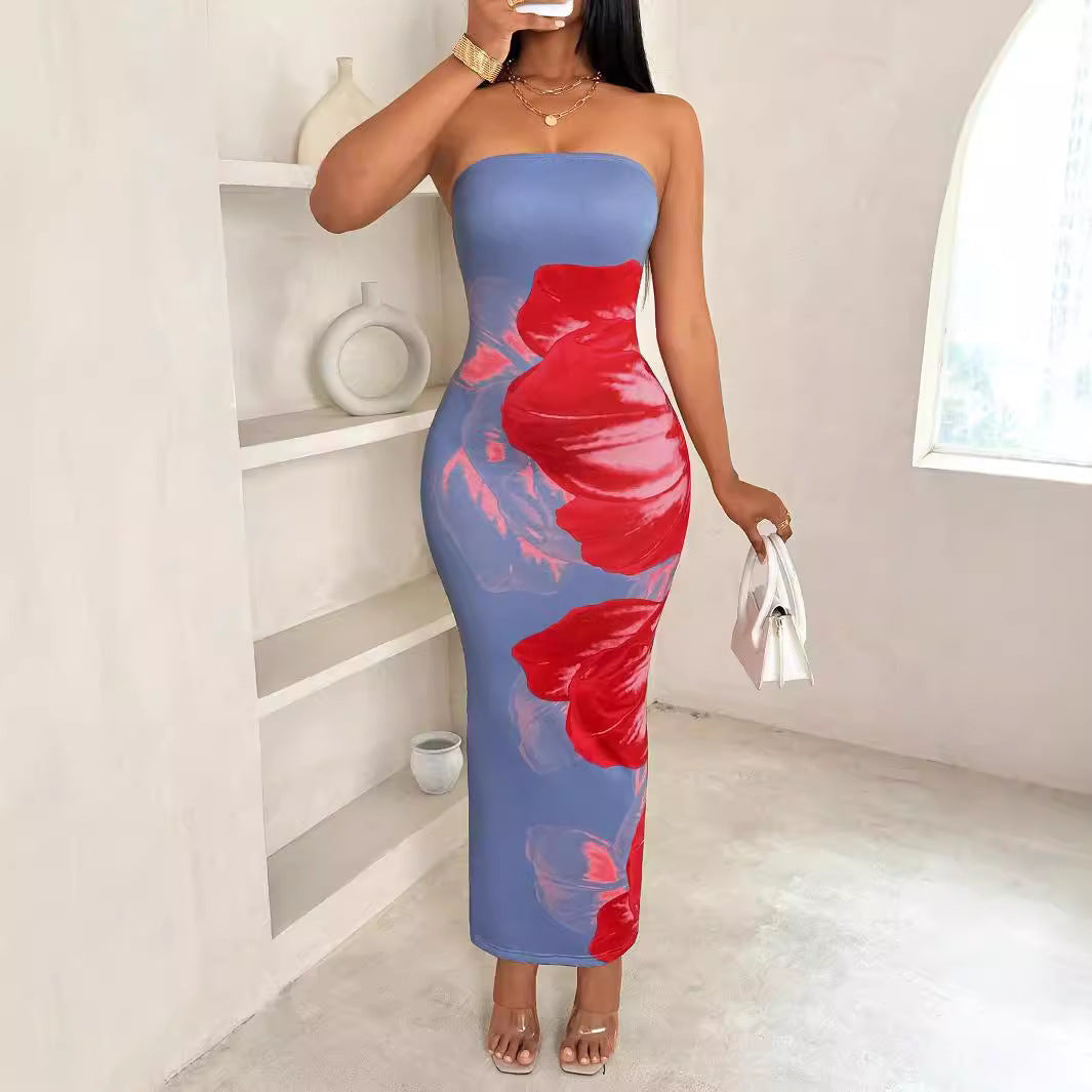 New Women's Slim-fit Contrast Colors Floral Print Dress