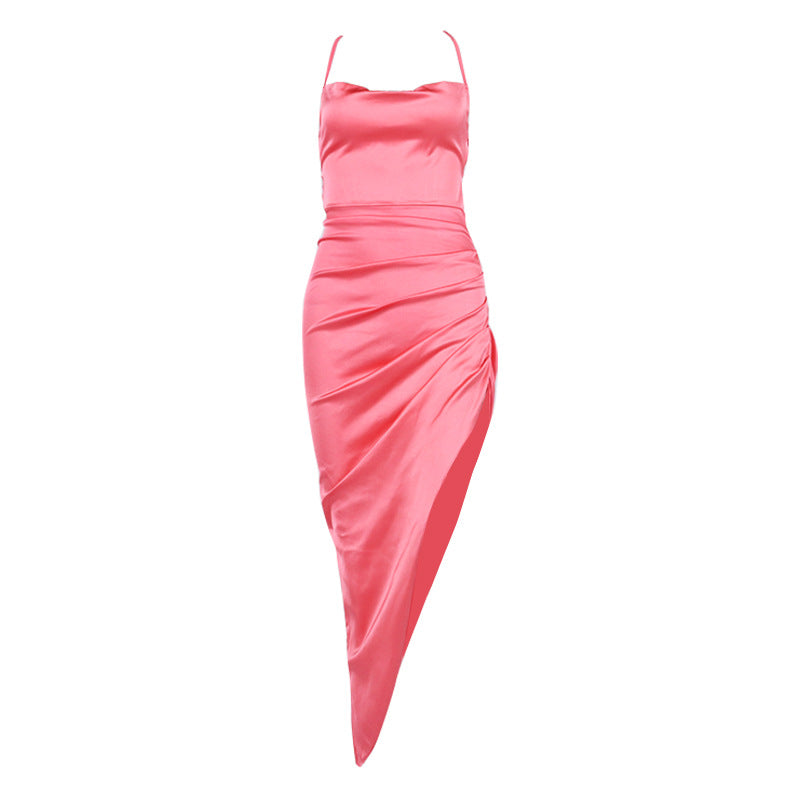 Autumn And Winter Sexy Satin Halter Lace-up Pleated High Slit Sling Dress