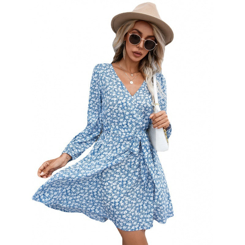 Printed Tie V-neck Pullover Long Sleeves And Sweet Floral Female