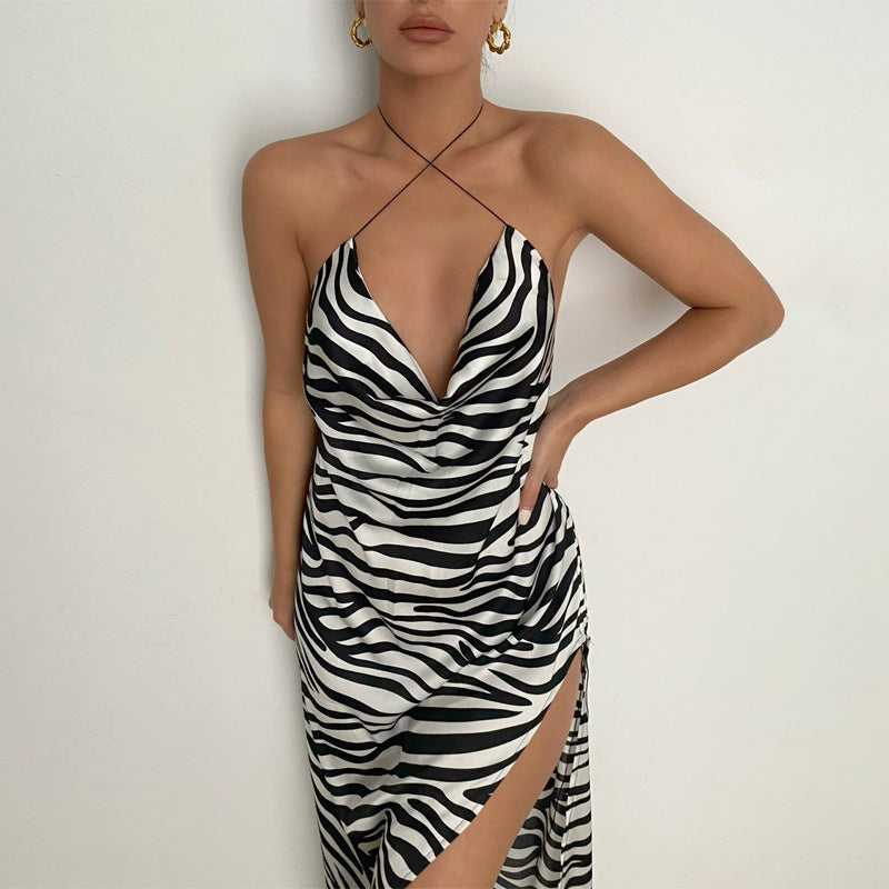 Zebra Pattern Sexy Split Halter Dress Women