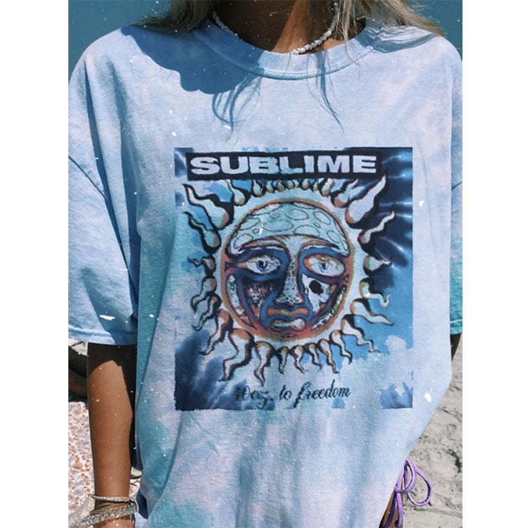 Casual Round Neck Short Sleeve Printed Tie-dye Pullover Women's T-shirt