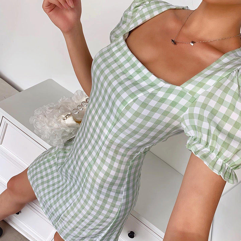 Square neck puff sleeve plaid dress women