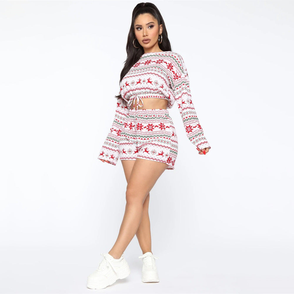 Two-piece Christmas Printed Long Sleeve Shorts