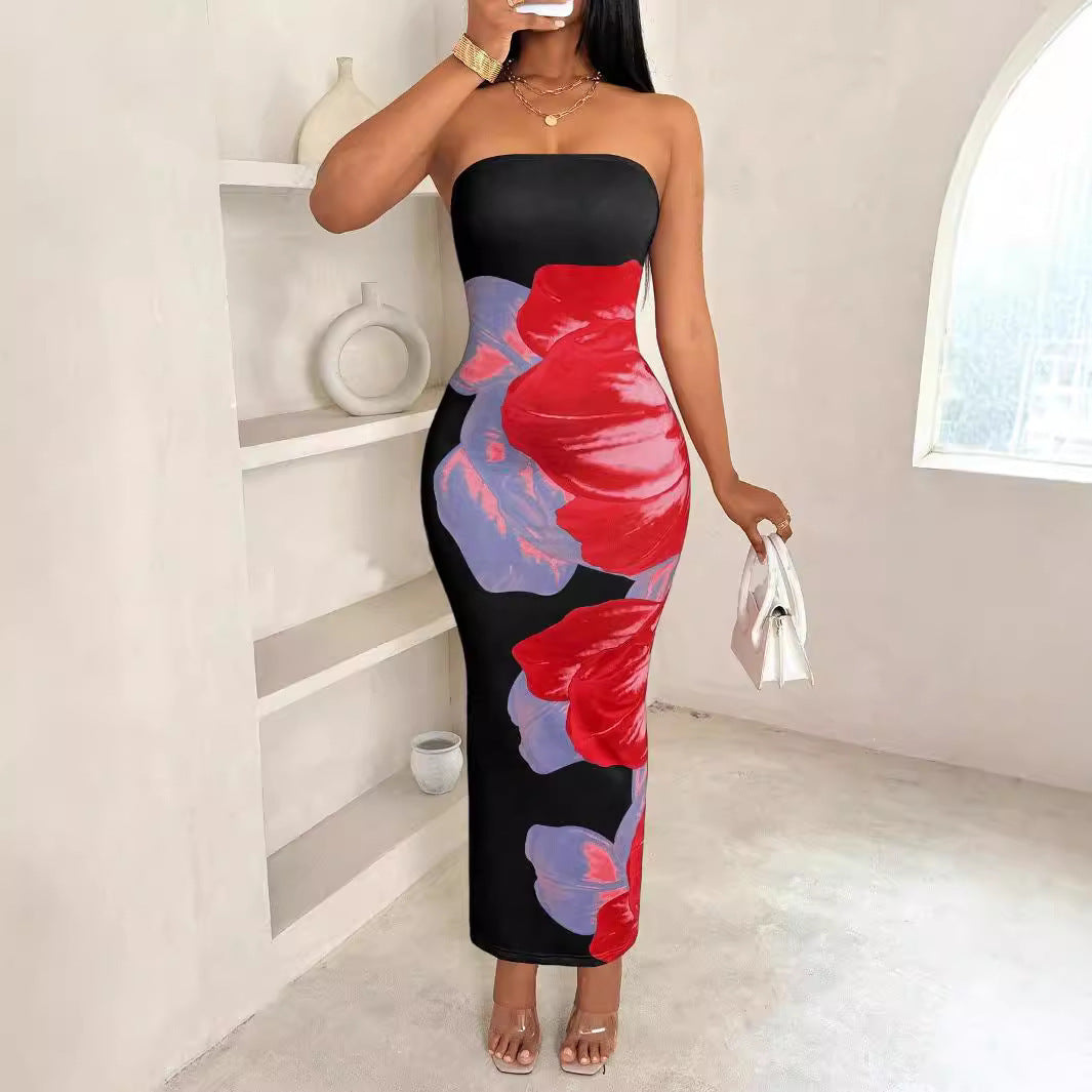New Women's Slim-fit Contrast Colors Floral Print Dress