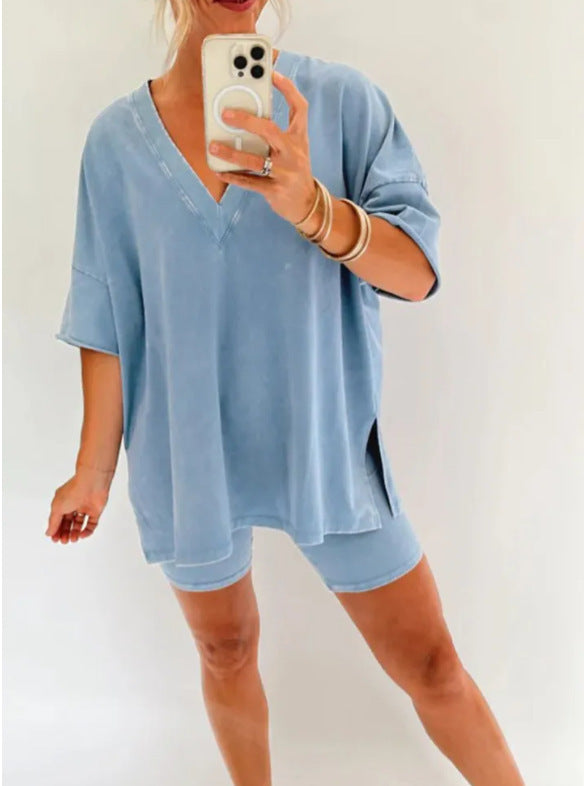 Women's V-Neck Denim-like Short-sleeved T-shirt Casual Shorts Suit