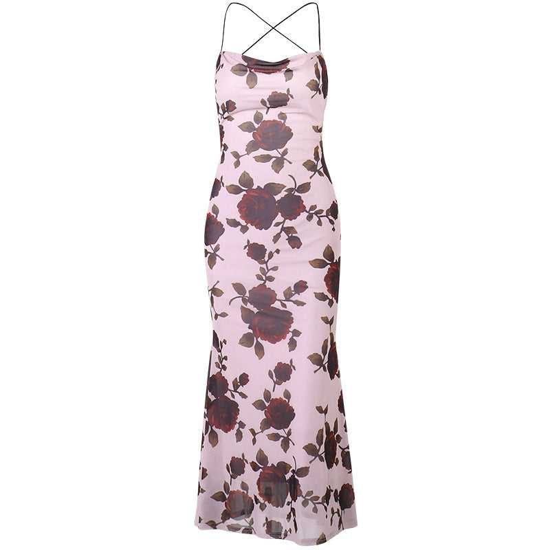 Rose Print Dress With Lace Spicy Girl