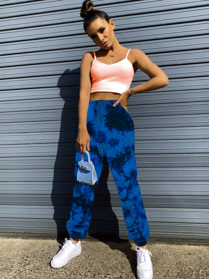 Women's Elastic High Waist Tie Dye Rainbow Slim Casual Pants