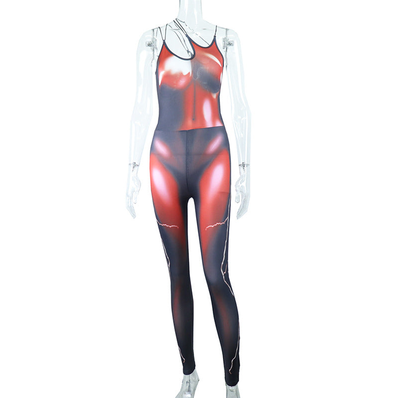 Printed Diagonal Neck Sleeveless Cutout Skinny Stretch Hip Lift Sports Sling Jumpsuit