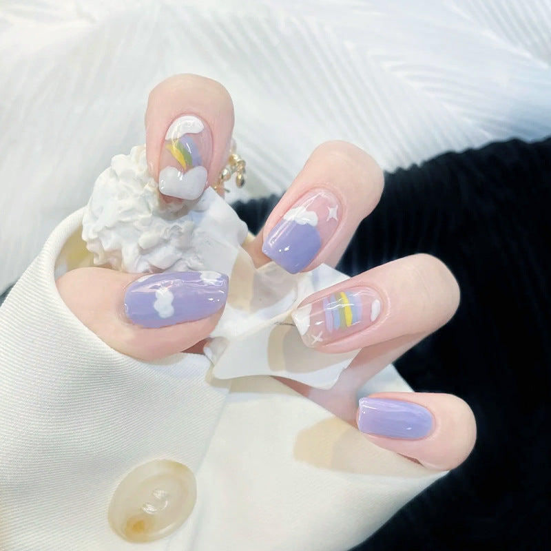 Wearing Nail Enhancement Patch With Blue Sky Rainbow Clouds