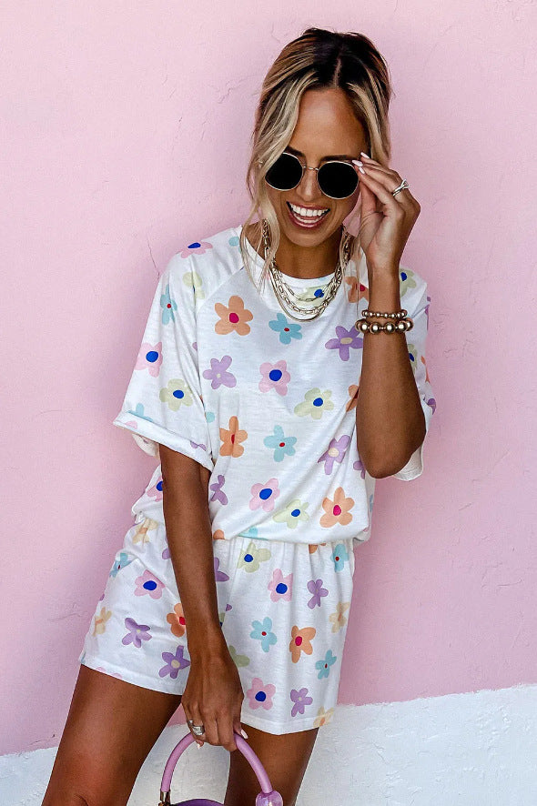 New Lady's Flower Printed Short-sleeved Shorts Suit Home Wear