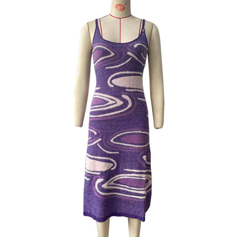 New Women's Printed Back Hollow Design Knitted Sling Bag Hip Dress Women