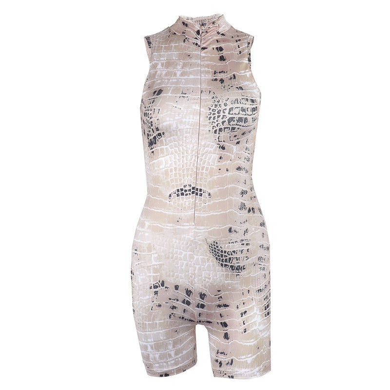 Snake Print Sleeveless V Neck High Waist Hip Raise Jumpsuit