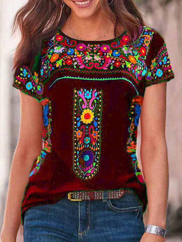 Women's Bohemian Print Round Neck Short Sleeve T-shirt Top