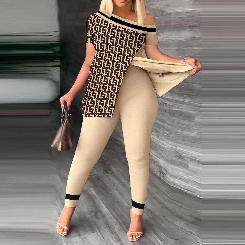 Split Print Short Sleeve Pants Set