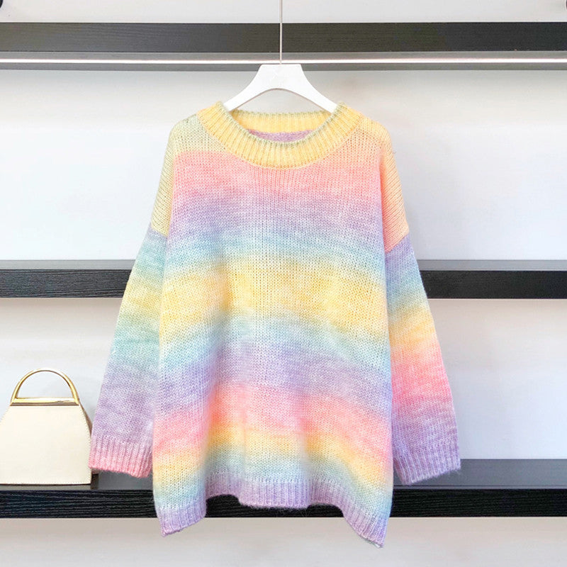 Striped sweater women's Pullover rainbow crew neck