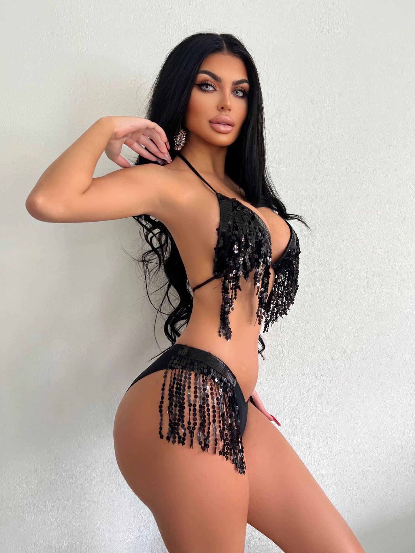 Women's Black Paillette Tassel Bikini Ball Party Costume