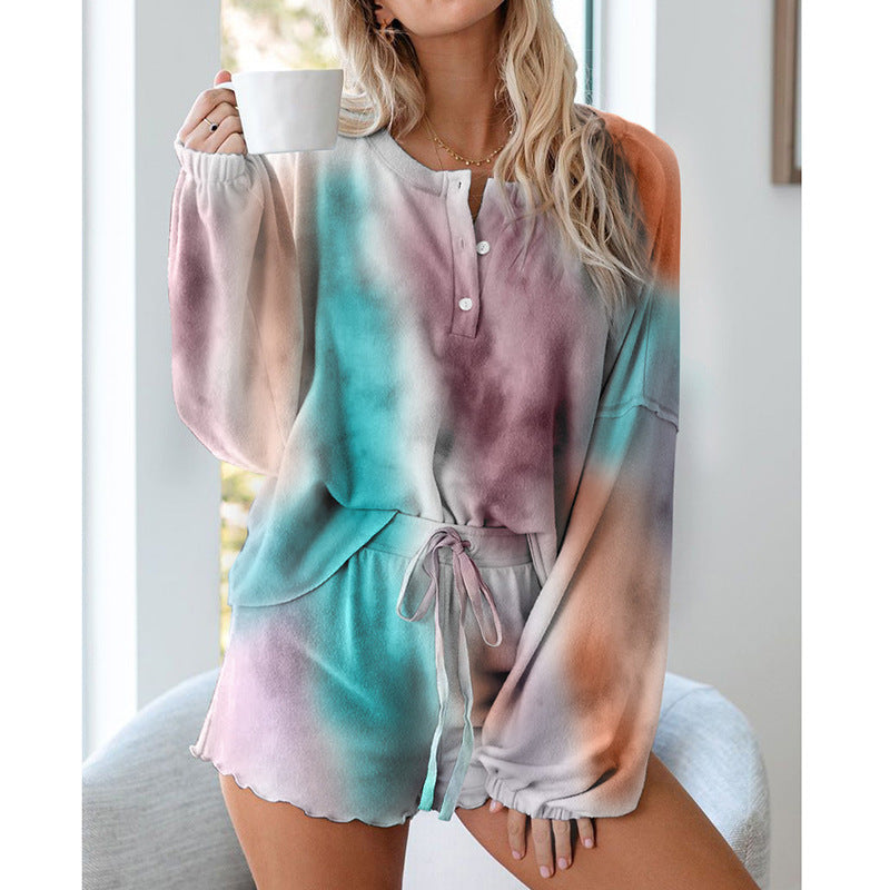 Tie-Dye Printed Casual Long-Sleeved Shorts Suit